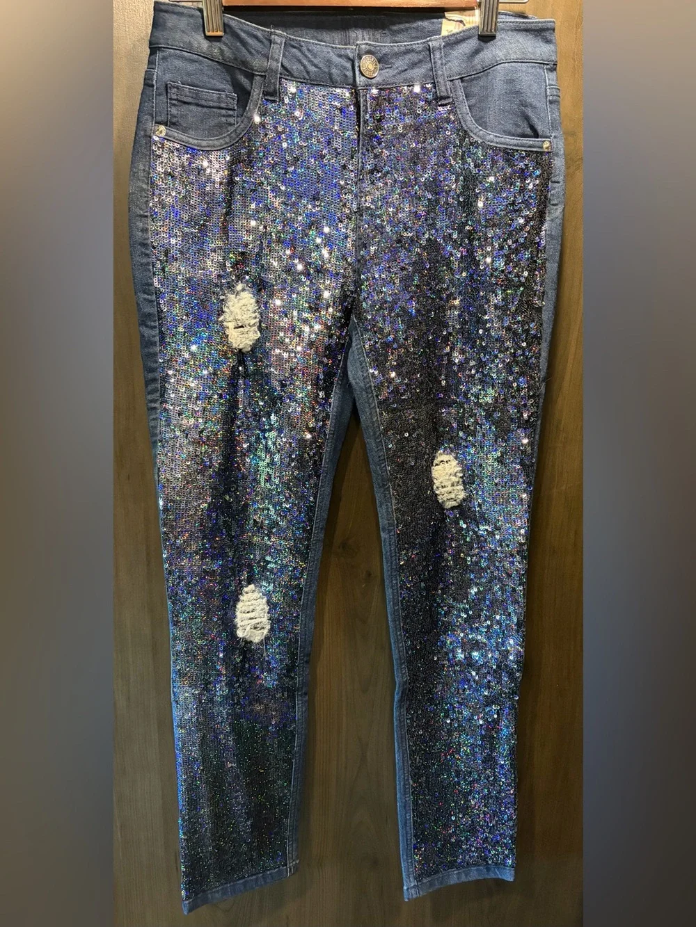 Justice Girls Sequins Distressed Skinny Jeans in Dark Blue size 18